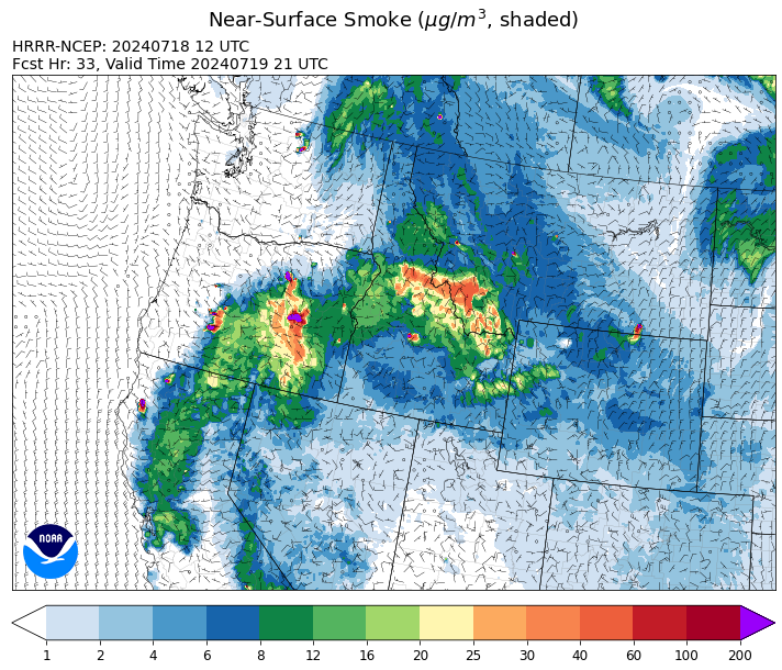 By Friday afternoon, the HRRR smoke model shows the greatest smoke impacts over Southwest Montana because of the Miller Peak fire, and numerous fires burning in Idaho and Oregon.